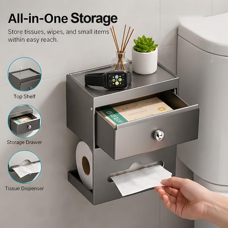 Adhesive Wall Mount Toilet Paper Storage Box with Covered Section and Upper Tray, Bathroom Tissue Case for Daily Use