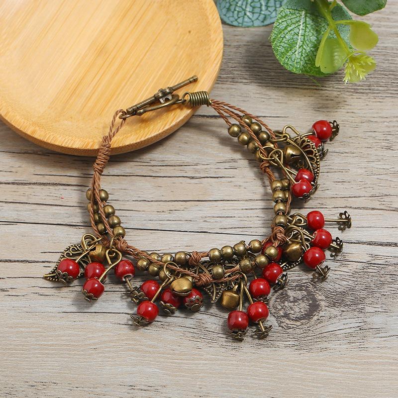 Retro literary and artistic small fresh cherry bracelet female fruit fringed ceramic hand rope handmade jewelry
