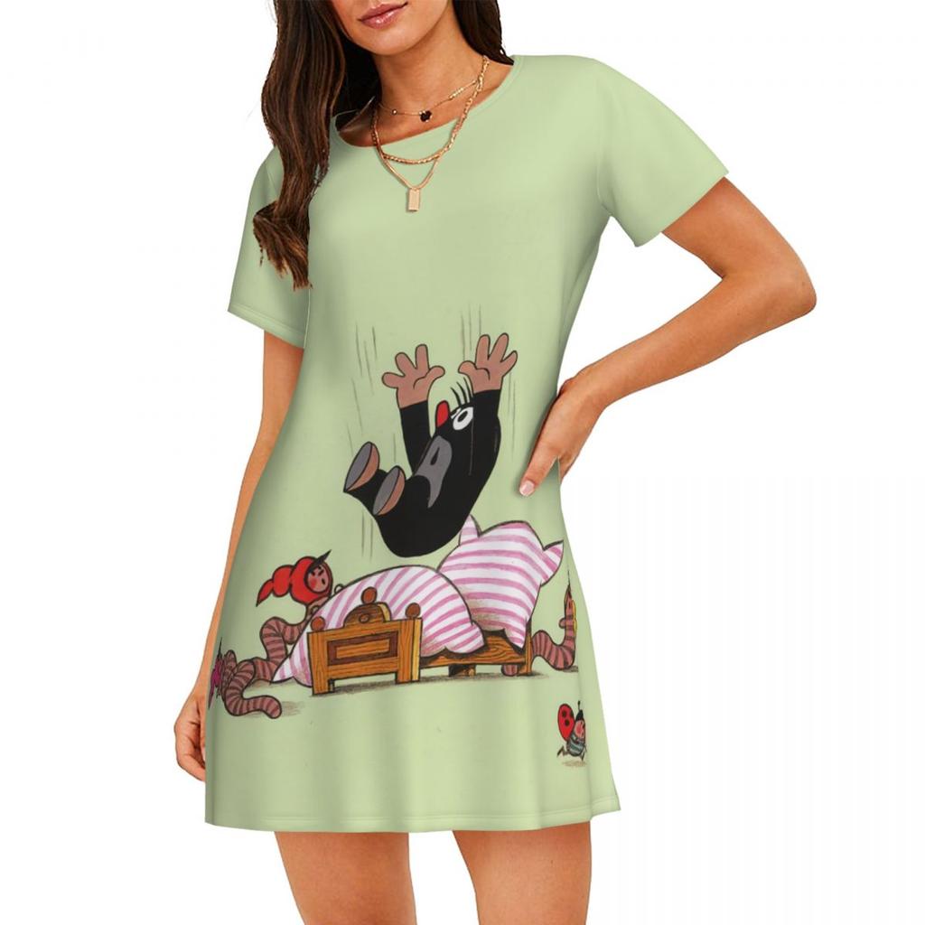 Cartoon Comic Damen Oversized Rundhals Modisches Lockeres Lässiges Sommerkleid mit Kurzen Ärmeln