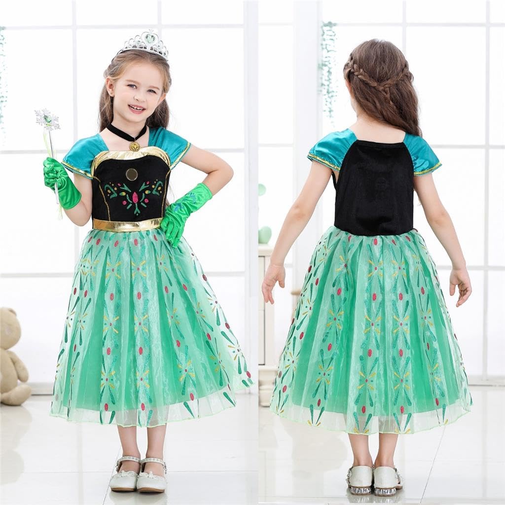 Kids Birthday Snow Princess Green Coronation Gown Halloween Christmas Costume Years Old Gloves Heart Tiara Magic Wand Pendant [Dressy Daisy] 10-11 + +