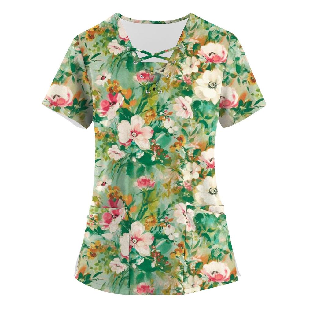 Women's Printing Short Sleeve V-neck Tops Working Pocket Blouse