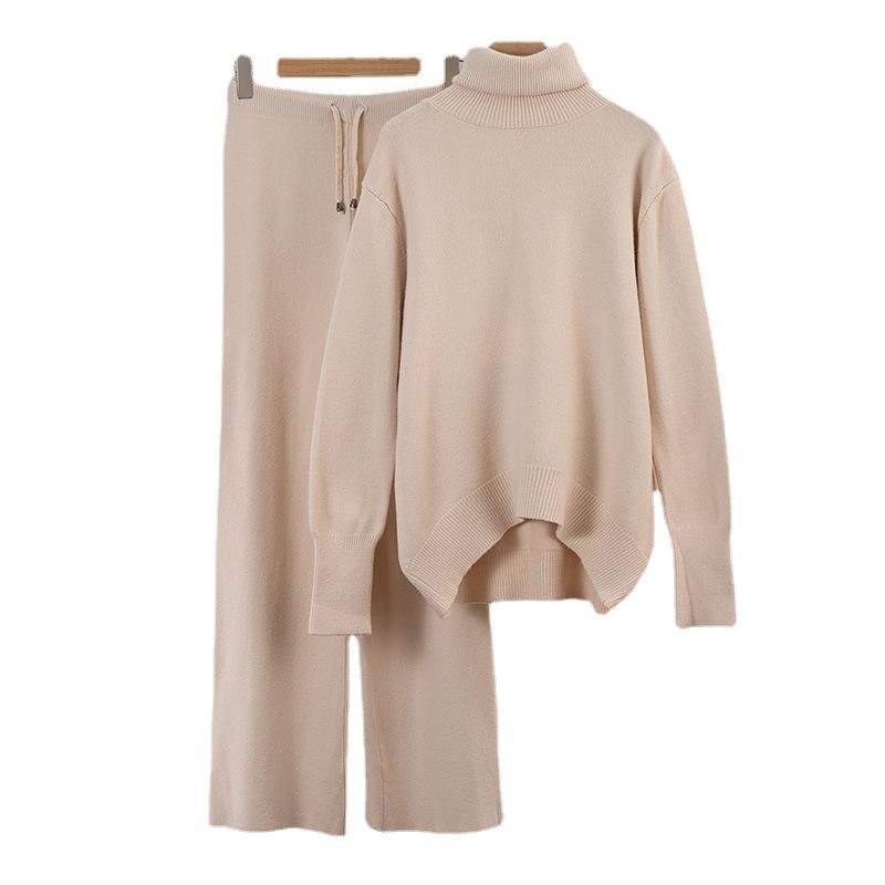 Women's Autumn and Winter Solid Colour High Neck Knitted Sweater Wide Leg Pants Two Piece Set