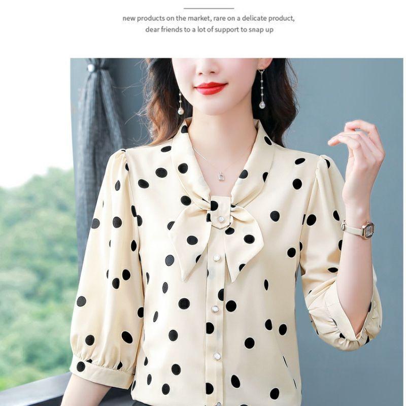 Modisches, viertelärmeliges Chiffon-Hemd mit Schalkragen, bodenlange Bluse, schmale Passform, Sommer, dünnes, kurzes Polka-Dot-Print-Top, M-5XL