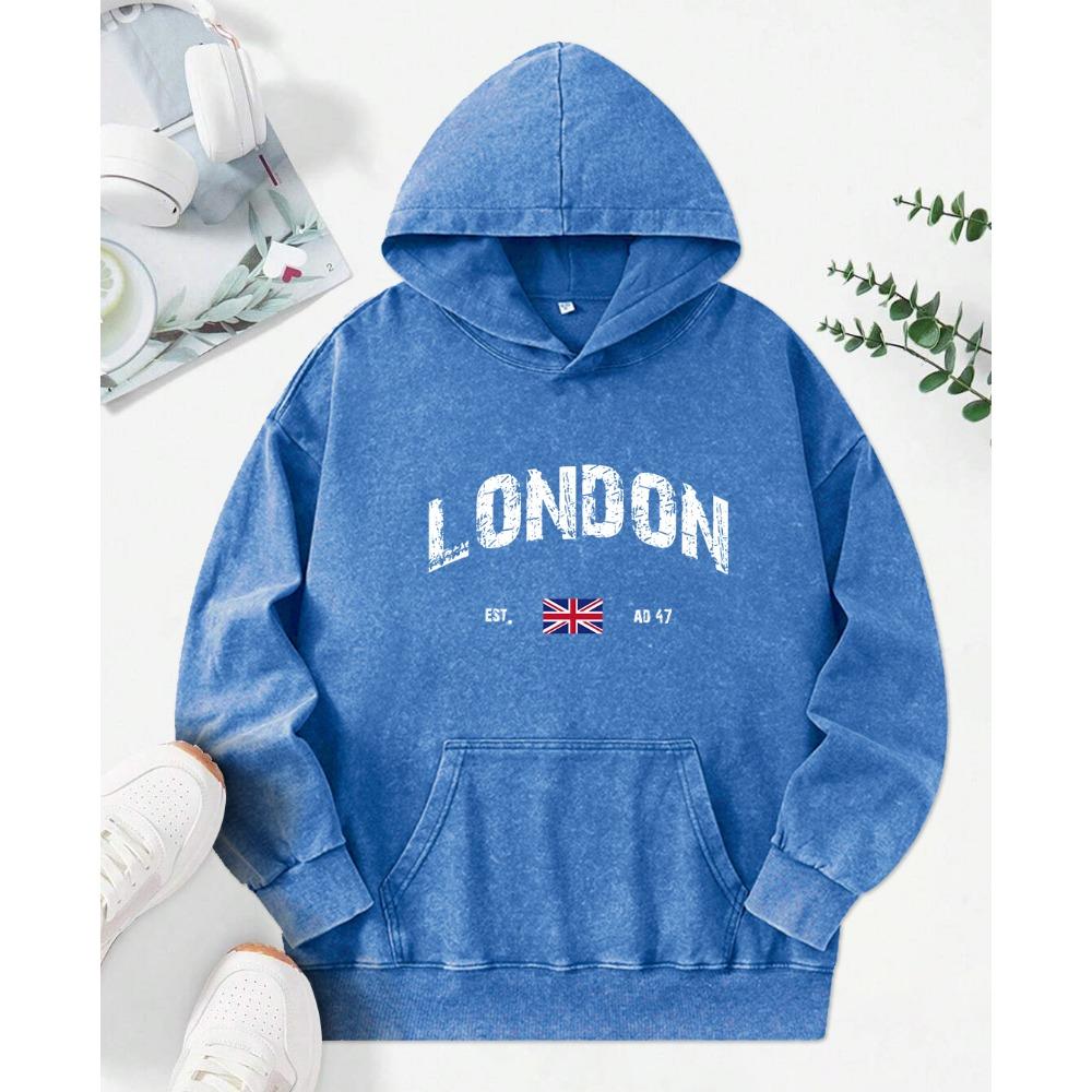 London Retro Art Buchstabenaufdruck Gewaschener Hoodie Damen Herbst Trendy Kapuzenpullover Vintage Locker Sportbekleidung Streetstyle Baumwolle