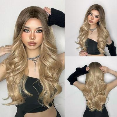 Ombre marrom loira peruca longa ondulada parte do meio traje cosplay festa peruca sintética para mulher afro fibra resistente ao calor