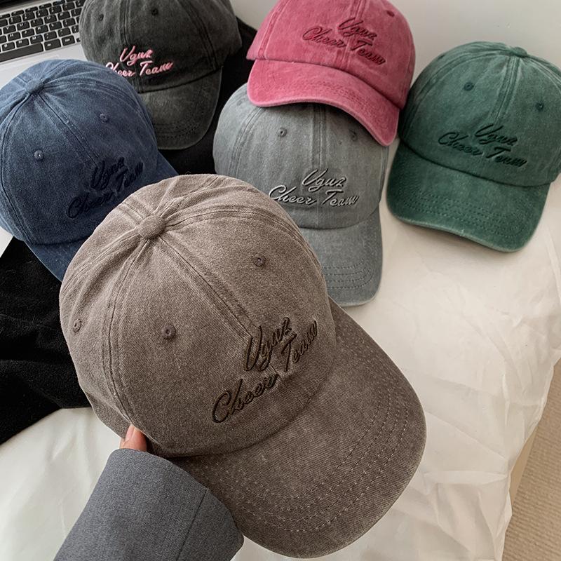 Letter Embroidered Washed Denim Baseball Cap for Women, Spring/Summer Japanese Style, Large Head Circumference, Wide Brim, Face-Slimming Hat