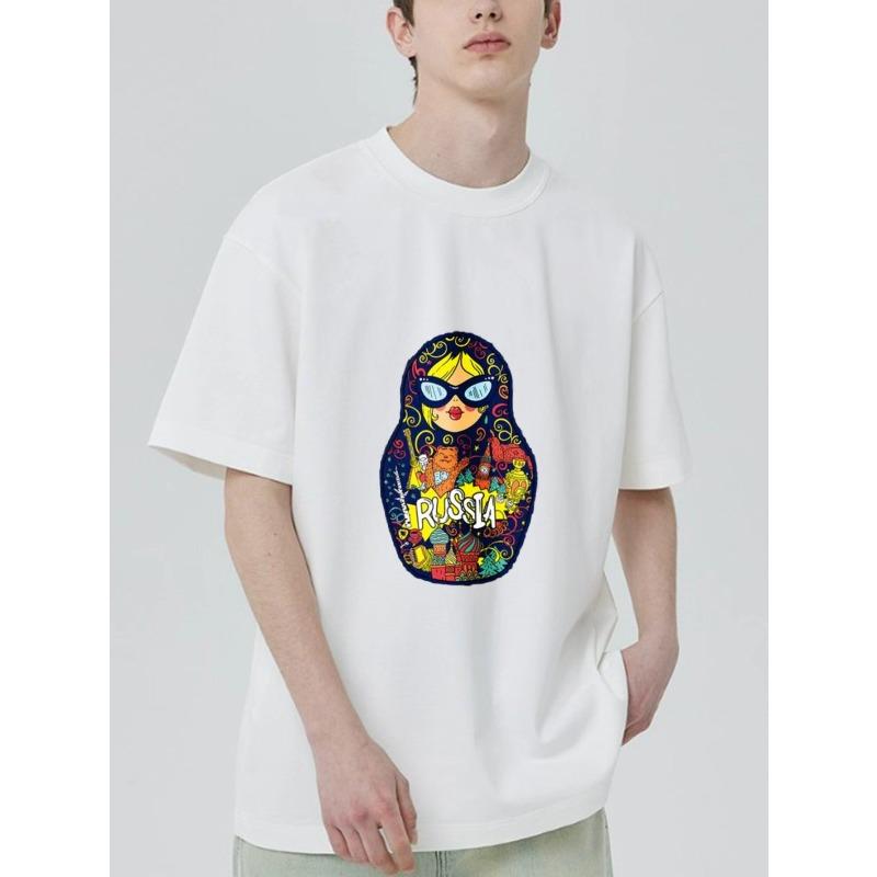 Unisex Oversized T Shirt Black Russia Matryoshka Doll with Sunglasses and Traditional Symbols Print Casual Streetwear for Daily Wear and Travel