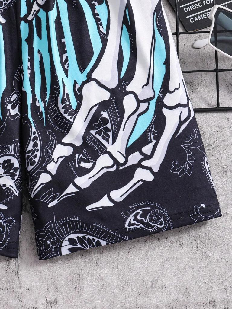 Single-piece Boys' Street Style Hip-hop Skull Hand Letter Paisley Pattern Shorts, Spring/summer Style.