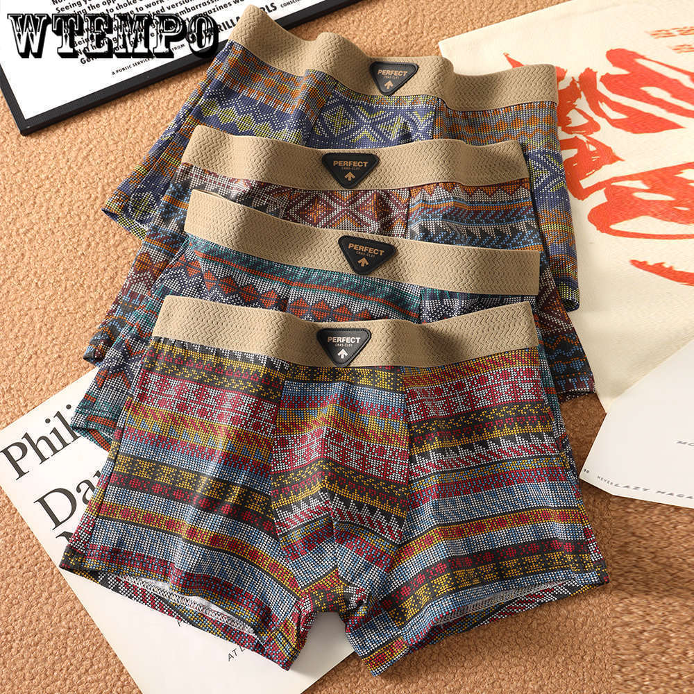3pcs Summer Trend Breathable Men's Underwear Ethnic Retro Flat Underwear Men's Mid Waist Four Corner Shorts Boxer Brief