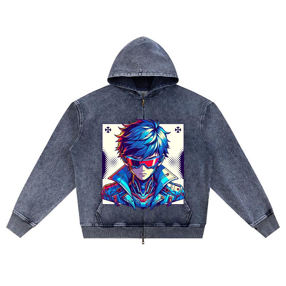 DTG print Knitted Denim Zip-Up Hoodie Cool Boy Brother Print Zipper Hoodies