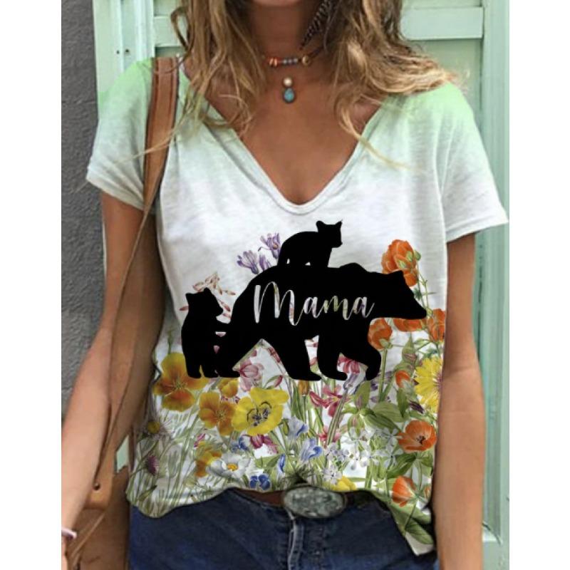 Summer V-neck 3D Mother's Day Alphabet Flower Printed Top Fashionable Casual Short Sleeved Women's T-shirts