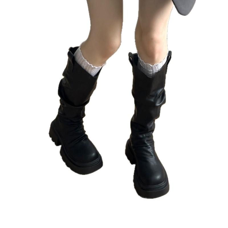 Small man Tiancai! Knight boots are popular this year, tall but knee-high black thick heel stacked boots, thin boots