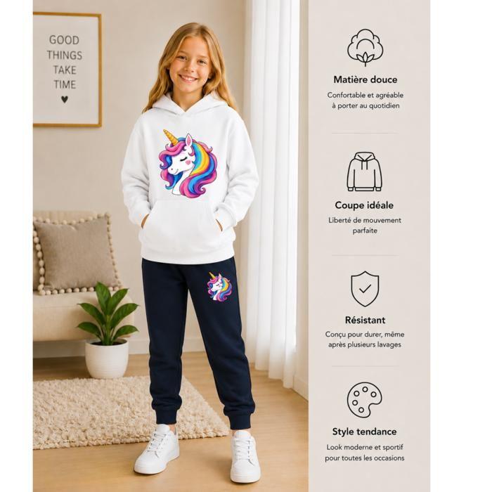 Jogging Enfant fille - Sweat à Capuche et Pantalon Bleu Marine - Motif Licorne Arc-en-ciel - Blanc