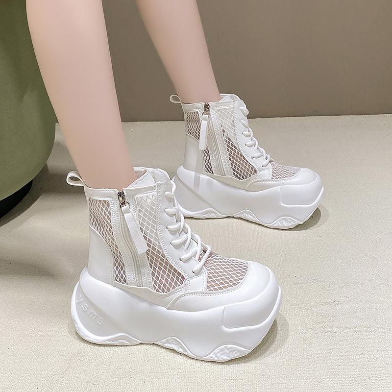 Fashion Spring/Summer High Top Women's Mid Calf Cool Boots Platform Mesh Hollowed Side Zipper Casual Shoes Sneakers