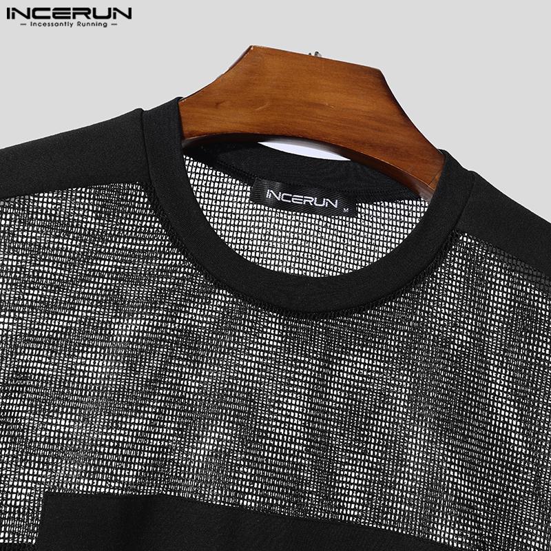 INCERUN Men O Neck Short Sleeve Letter Print Fishnet Mesh Sheer T-Shirts Tops