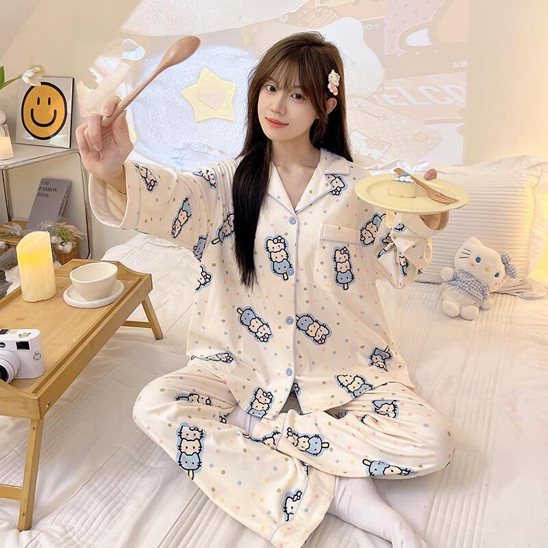 Dámské sametové pyžamo Hello Kitty - Korálový fleece, Hřejivé, S dlouhým rukávem, pro Podzim/Zimu na Doma.