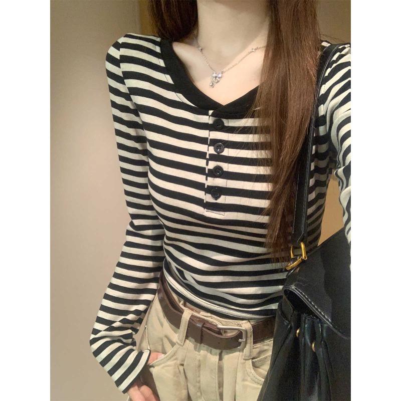 

Button front shoulder bottoming shirt women s spring stripes contrasting colors slim fit sweet and spicy style long-sleeved shirt with top tide S