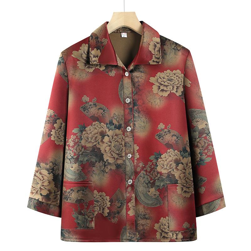 Women's Long-sleeved Square Collar Shirt Elderly Spring and Autumn Clothing Thin Coat