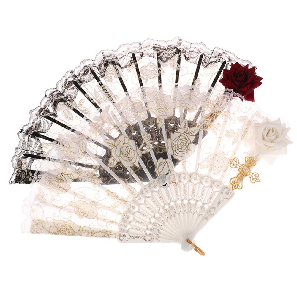 Home Decoration Photography Prop Folding Fan Dance Hand Fan Lace Rose Folding Fan Lolita Lace Fan