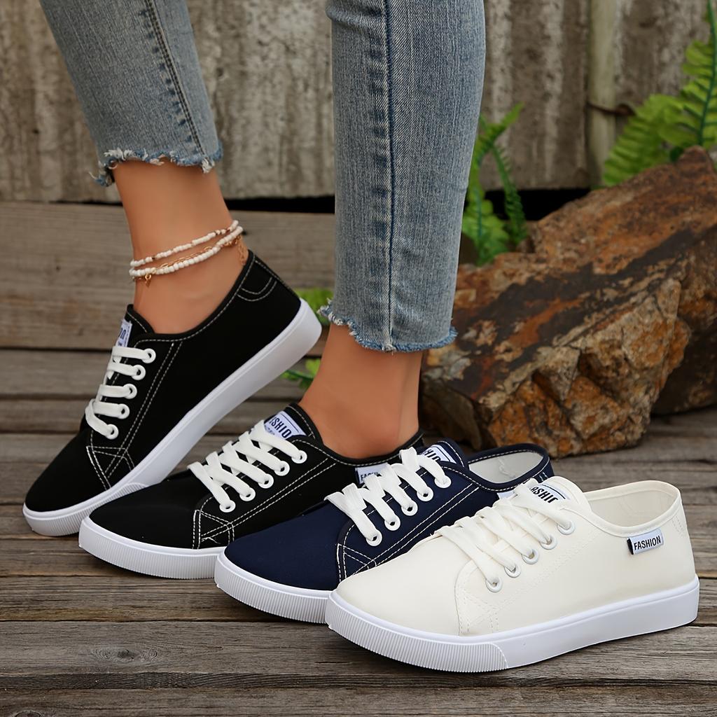 Women's Casual Canvas Sneakers Lightweight Lace-Up Low Tops Shoes for Spring Fall Breathable Black & White Sneakers