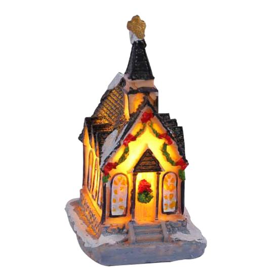 Weihnachten leuchtendes Haus-Ornament, romantische warme Beleuchtung, Kunstharz, kleine Desktop-LED, schneebedeckte Hausdekoration