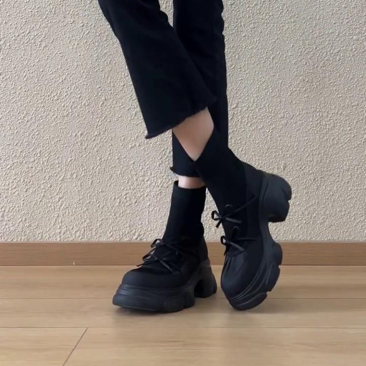 Lan Cabinet Edition~ 2025 New Autumn Thick-soled Elastic Boots Women's British Style Splicing Bow Muffin Bottom Skinny Boots