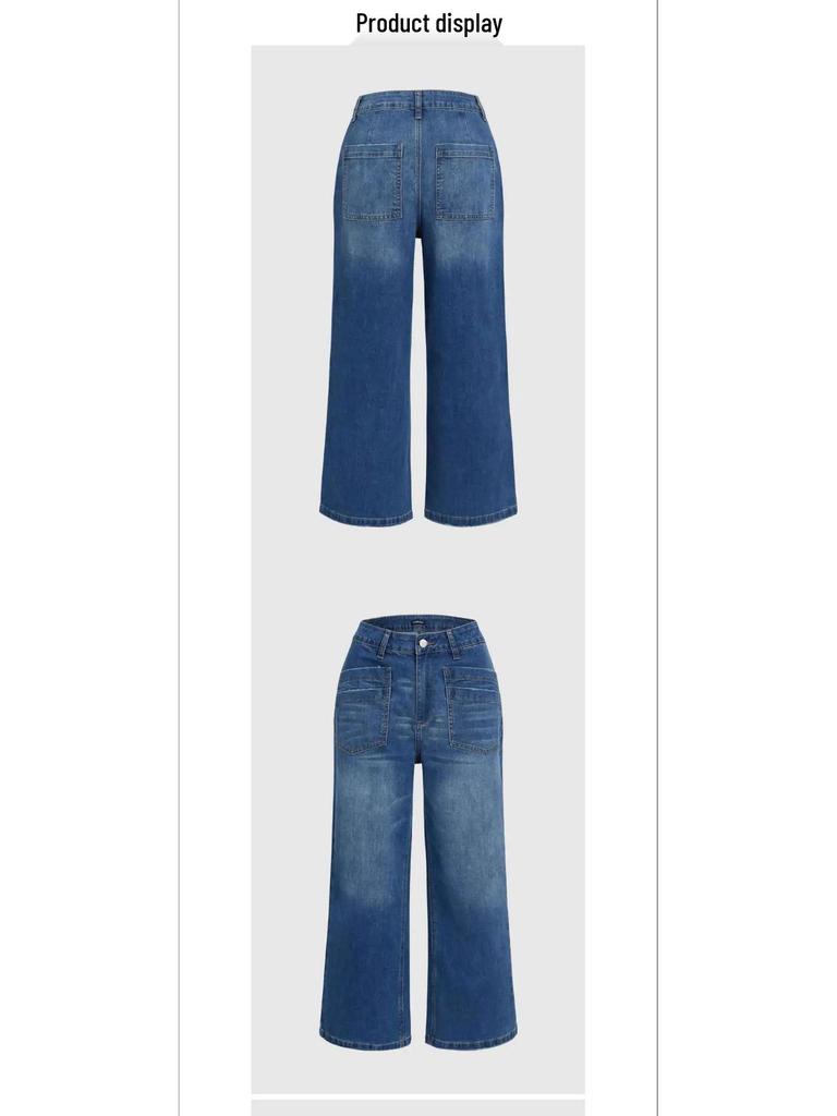 Mid-Waist Wide-Leg Plus Size Retro Washed Cropped Jeans with Frayed Hem and Slant Pockets