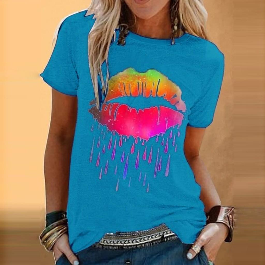 Fashion Women Casual Colorful Lip Print Short Sleeve  T-Shirt Blouses Tops