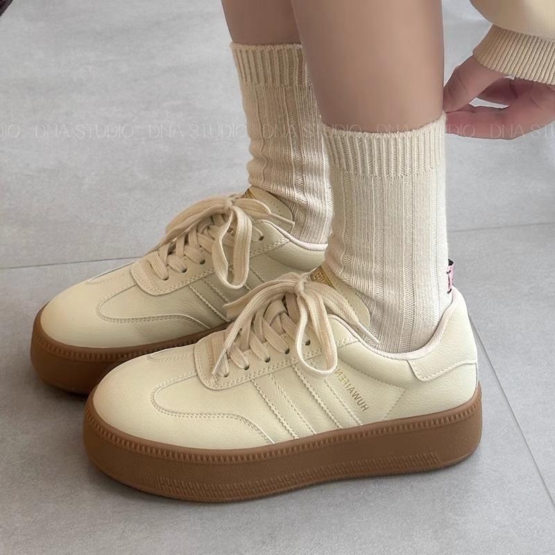 Genuine Leather Training Shoes for Women's Spring Thick Sole Elevated Board Shoes, Casual Sports Little White Shoes