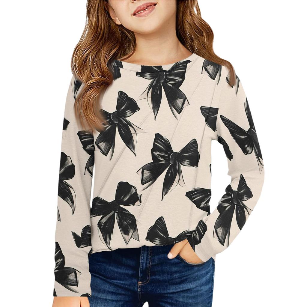 Girls' Long Sleeve Tee - Pleated Round Neck Casual Top