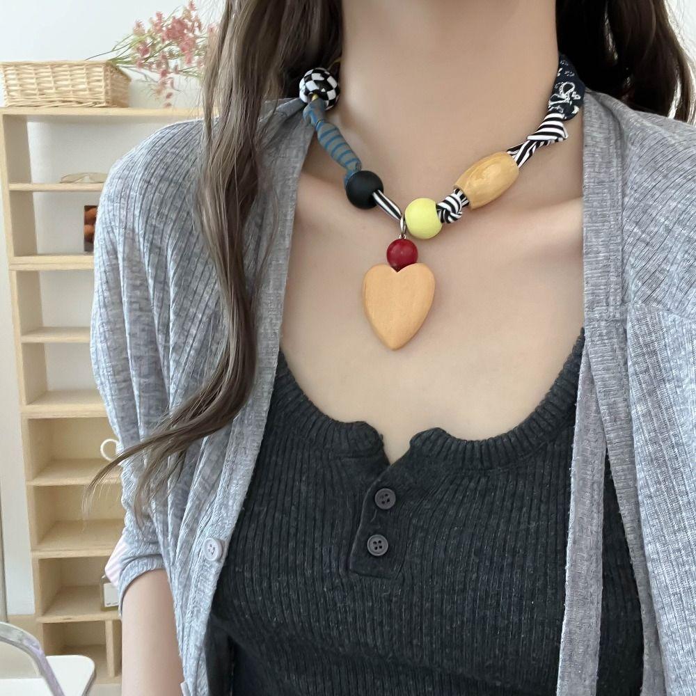 Clavicle Chain Patchwork Cloth Chain Necklace Multicolor Bohemian Choker Wood Bead Necklace  Girls