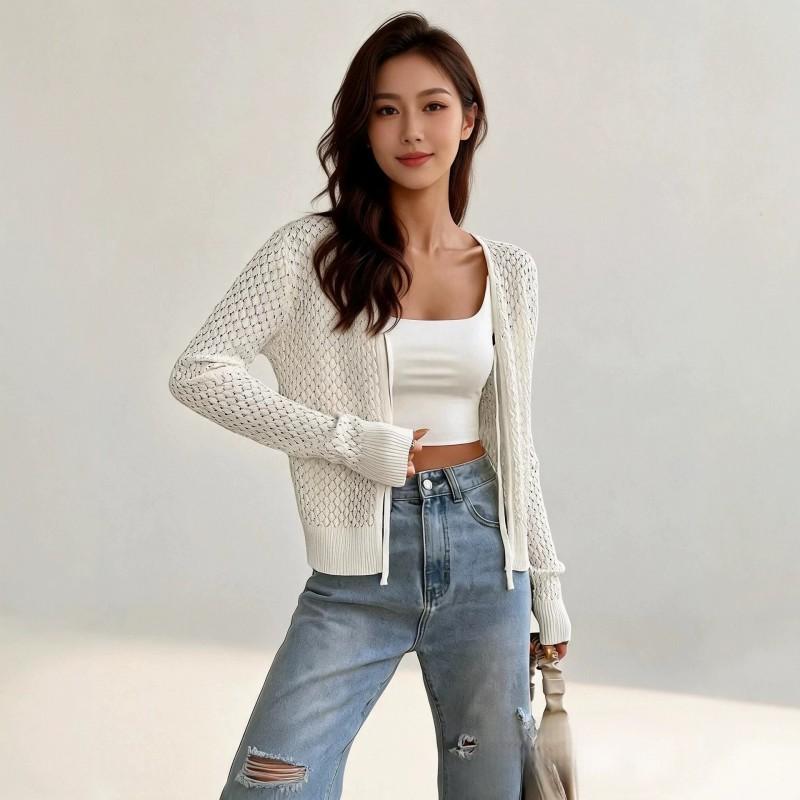 2026 Womens Loose Knit Open Cardigan With Cutout Detail V-Neck Long Sleeve Lightweight Sweater Fall Small белый
