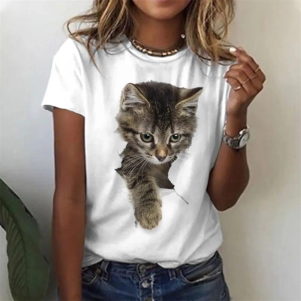 T-shirt à Col Rond à Manches Courtes Pour Femme - Imprimé Graphique De Chat 3D - Coupe Régulière - Confortable, Blanc, S
