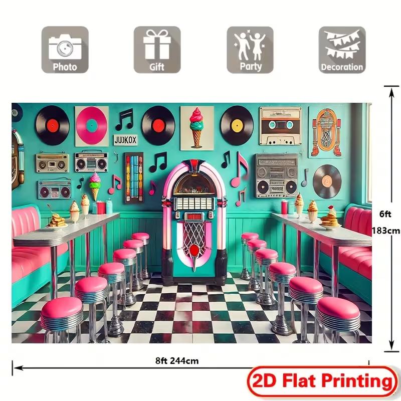 Retro 50s Diner Tapestry, Jukebox & Checkerboard Background Cloth, Bar Wall Decor