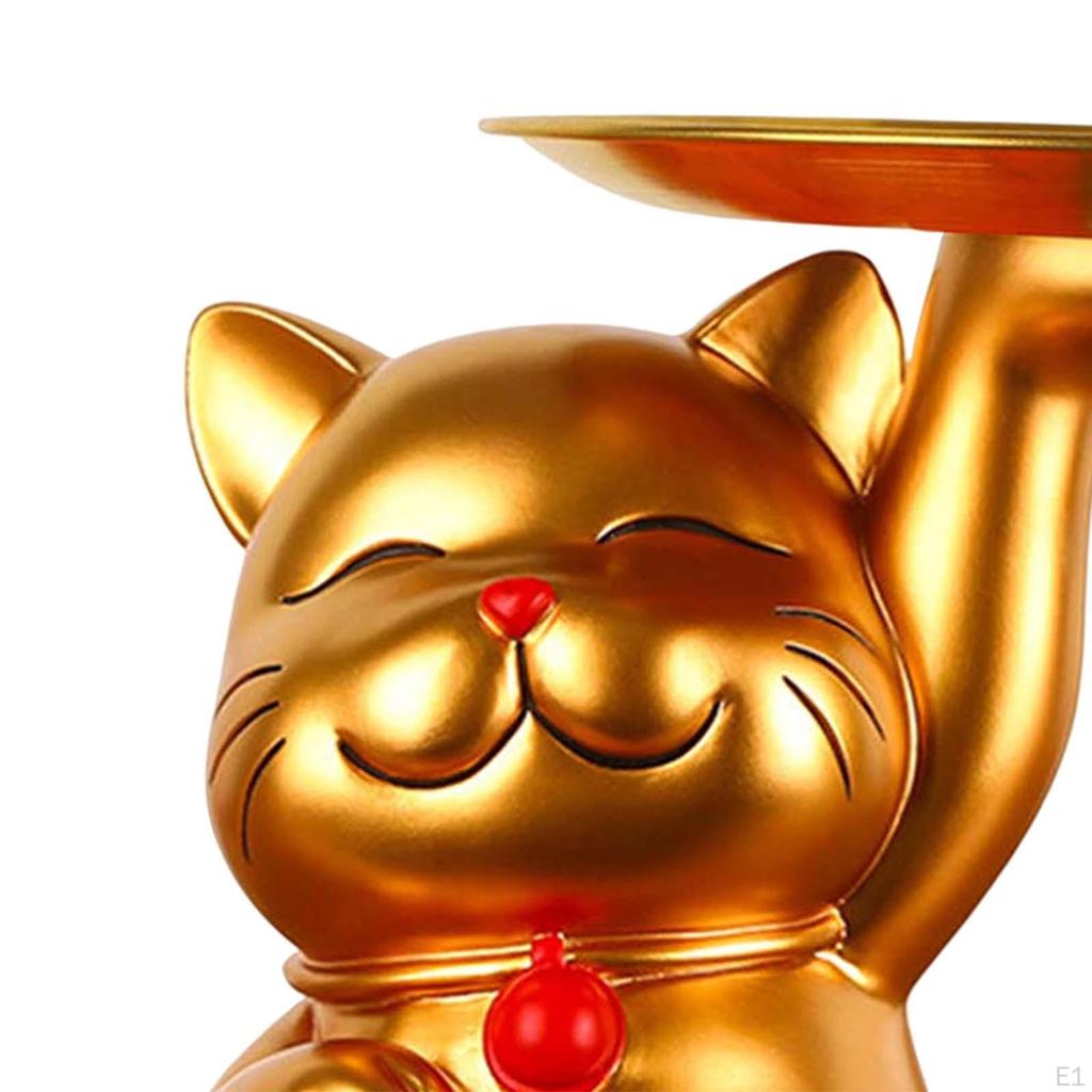 Kattenbeeldje met Metalen Schaal, Standbeeld Geluk Decoratie, Dierlijk Ornament Snoepschaal