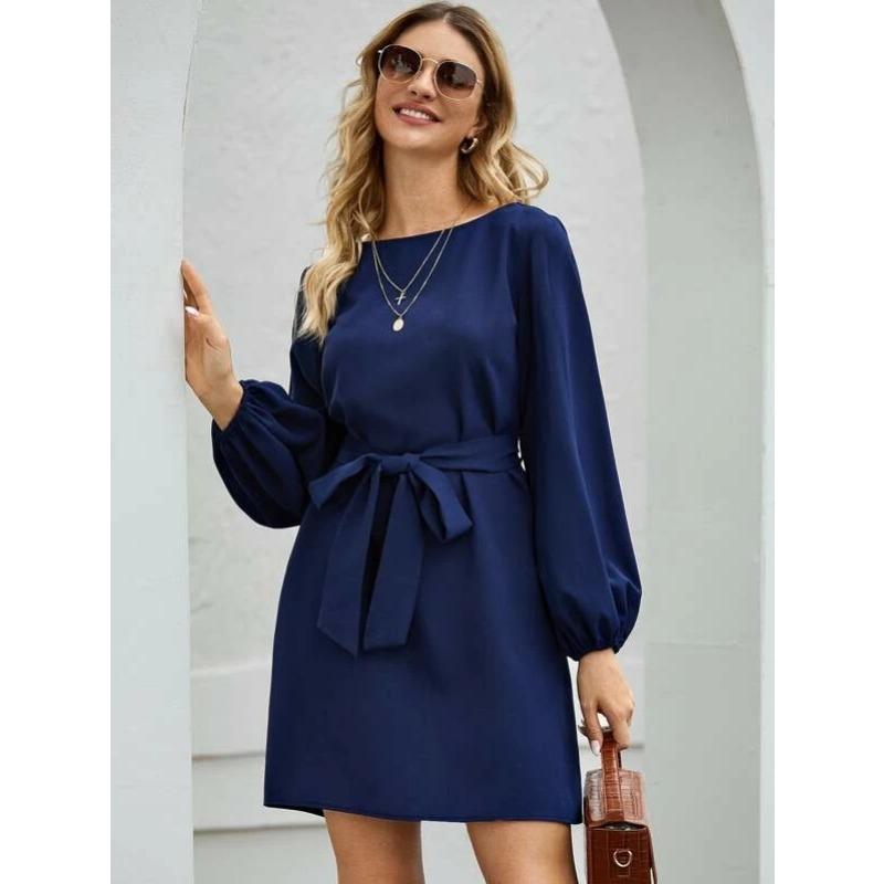 Spring and Autumn Women's Mid-length Long Pure Colour Temperament Commuting Thin Set Head High Waist Dress
