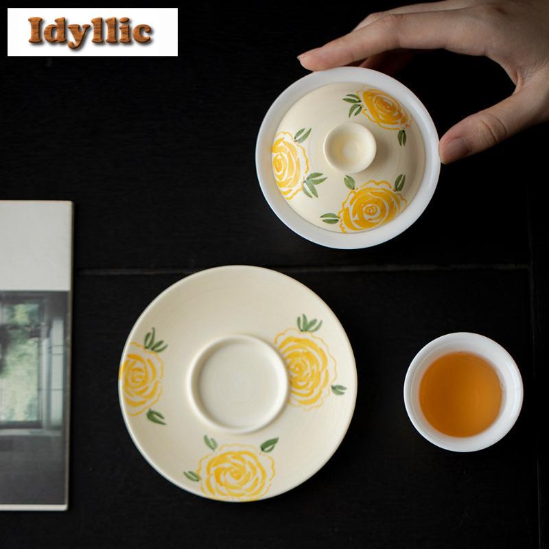 100ml Hand-painted Flowers And Fish Gaiwan Ancient Tea Tureen Tea Bowl With Lid Kit Tea Making Cover Bowl Tea Items Decoration