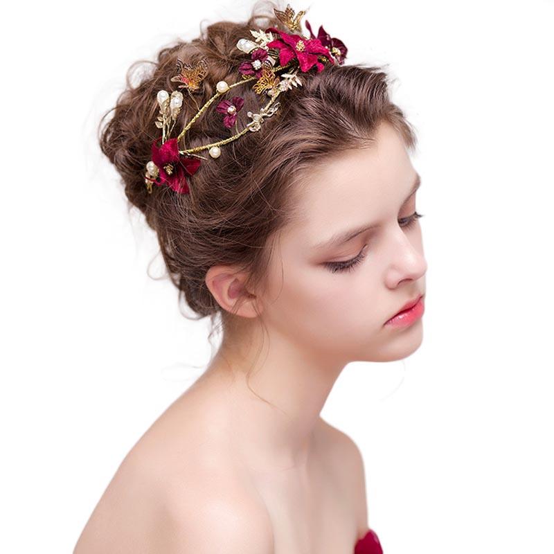 Red Flower Bridal Tiara Hairband Gold Color Crystal Pearl Headband Women Headpiece Wedding Crown Bride Hair Jewelry Accessories