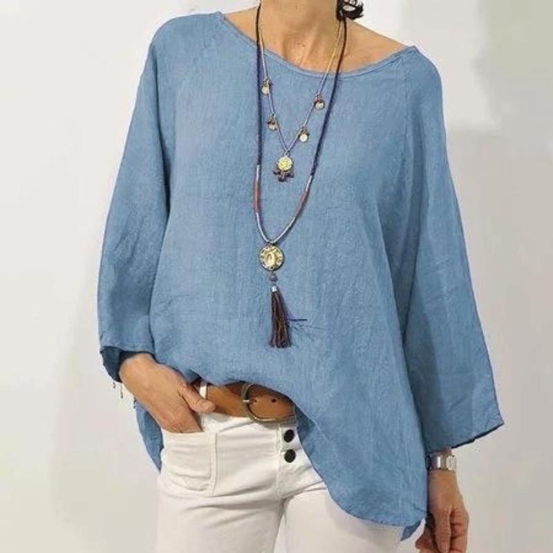 Women's Clothing Top Solid Color Linen Round Neck Raglan Sleeve Three-quarter Sleeve T-Shirts