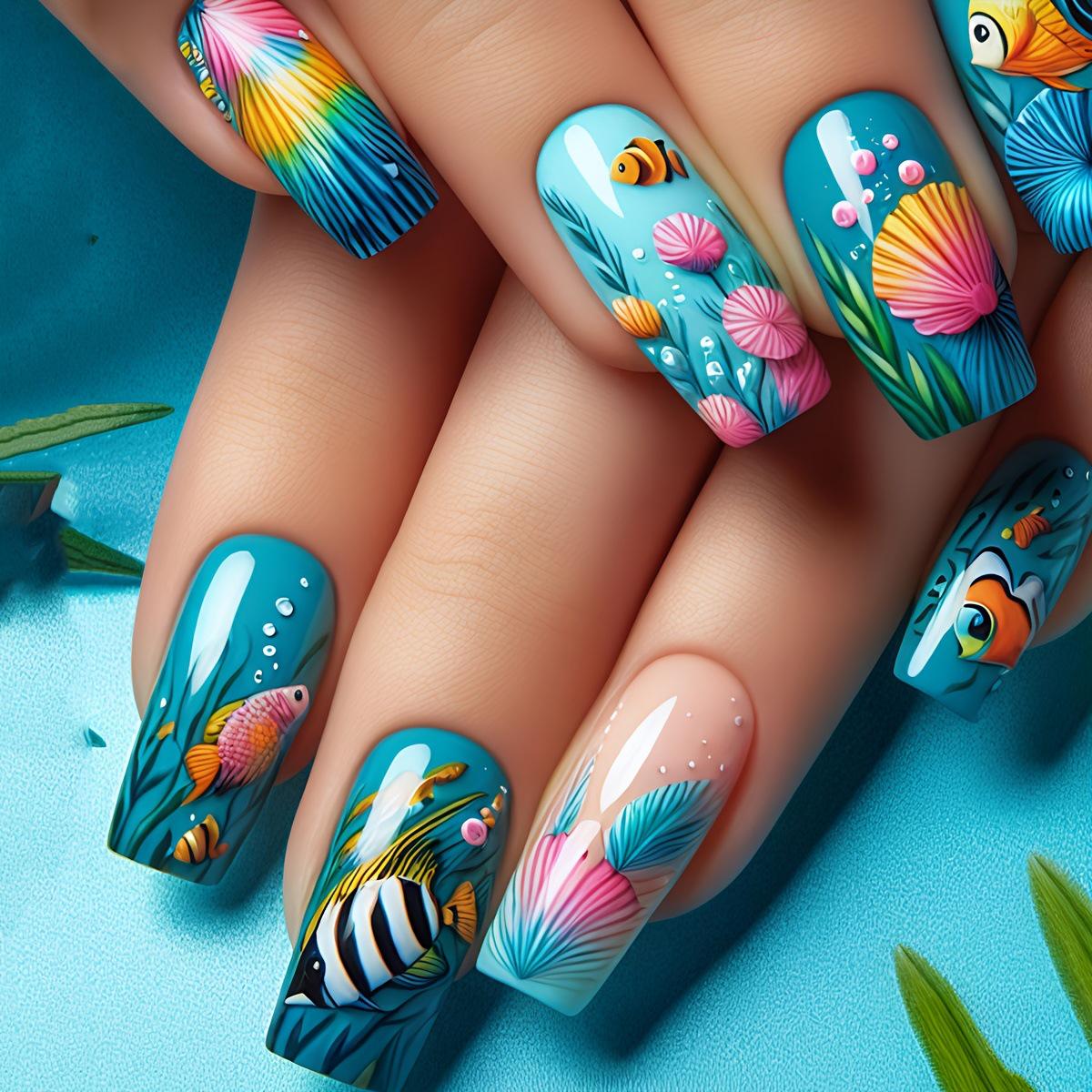 Blue Coral Clownfish Nail Art Stickers - Detachable, Medium-Length, European Style, Set of 24 синий