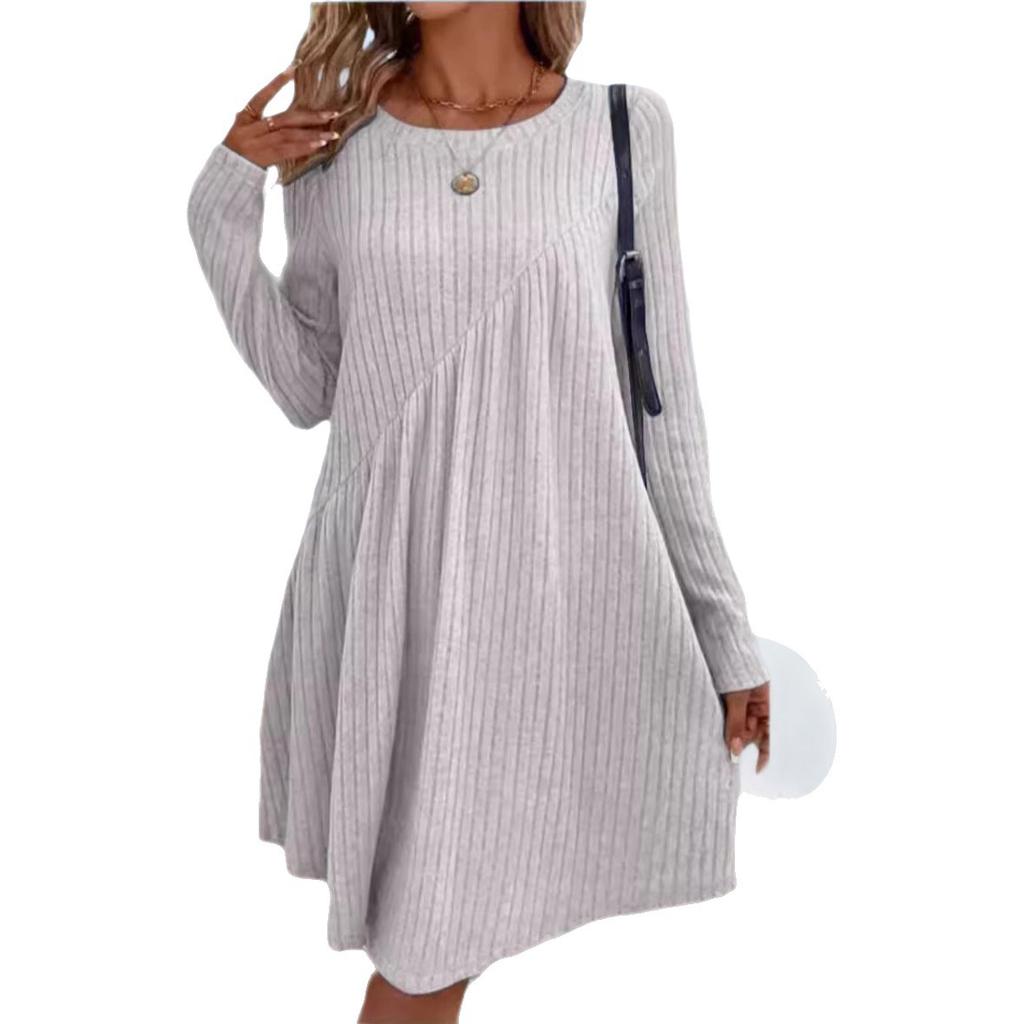 Women's Long Sleeve Knit A-Line Dress with Vertical Stripes