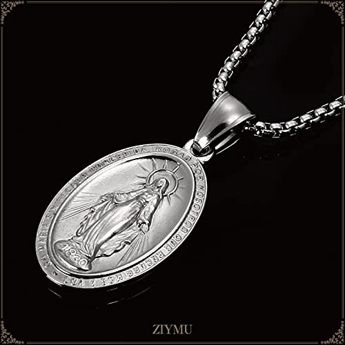 ZIYMU Virgin Mary Miraculous Medal Pendant Necklace with Venetian Chain, 50cm, Silver, Men's, Zm-p-051
