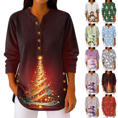 Damen Modisches Knopfkragen Langarm Weihnachtsdruck Pullover Top