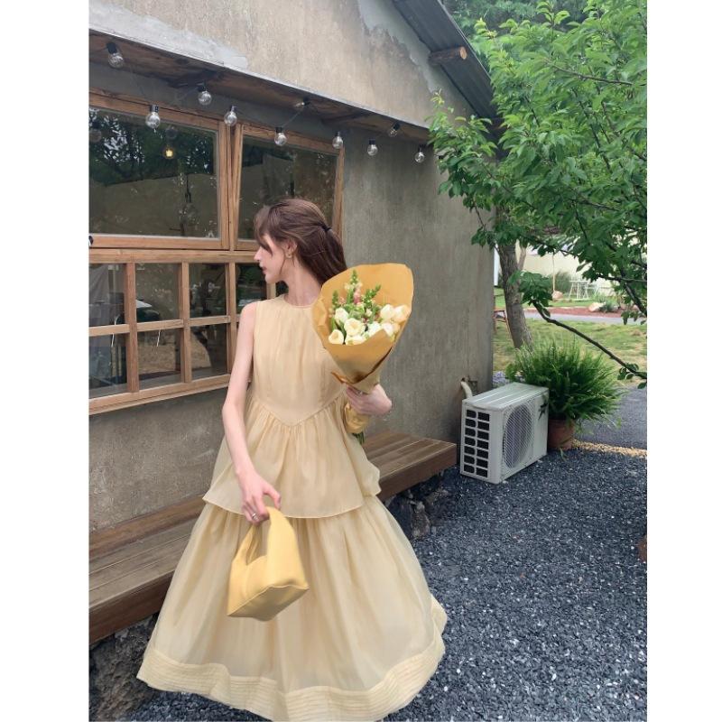 French Retro Solid Color Sleeveless Vest Dress Women's Summer Wear Gentle Wear Loose Chic Beautiful Yellow Dress
