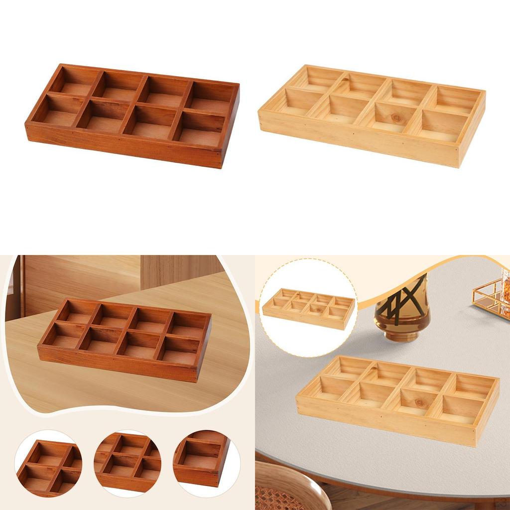 Wooden Divided Storage Box 8 Grid Countertop Organization, Sorting Tray, Organizer for