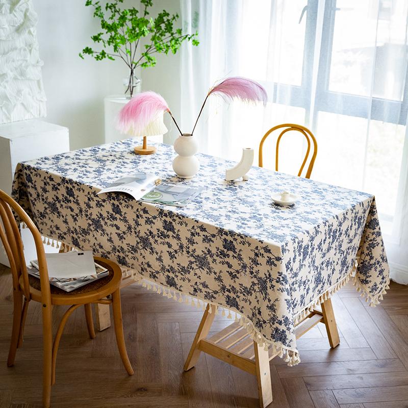 Blue Tablecloths Bohemian Floral Fabric Tassel Rectangle Dust-Proof for Home Decoration Kitchen Holiday Party Dining Table Cover
