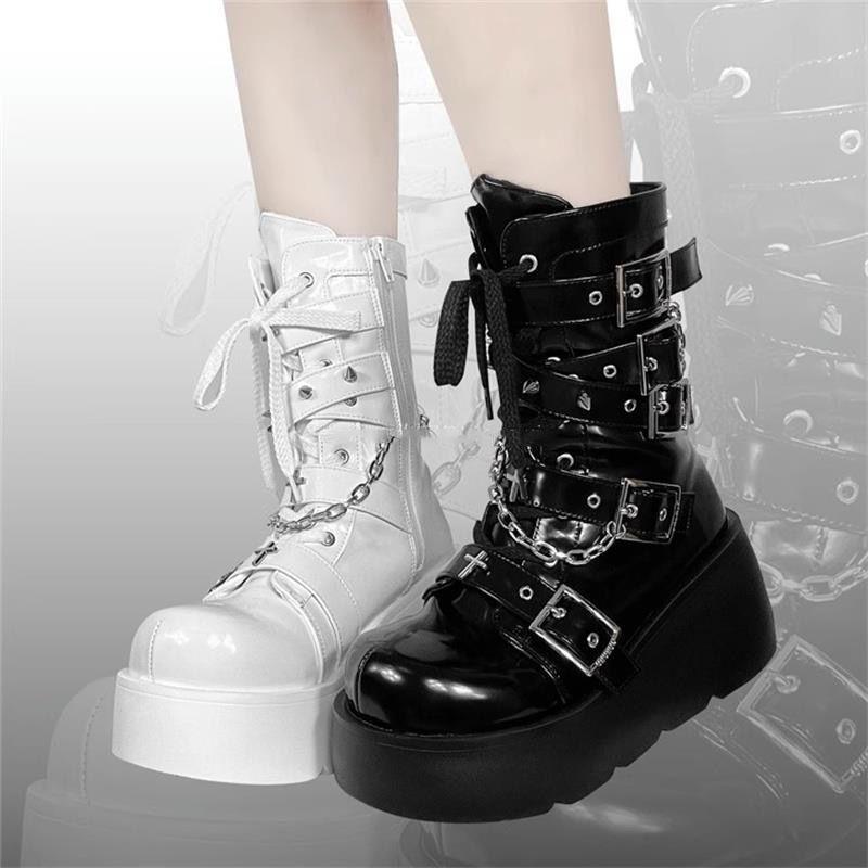 Punk style round head thick-soled decorative Martin boots autumn and winter new sub-culture cross buckle strap Spice girl short boots