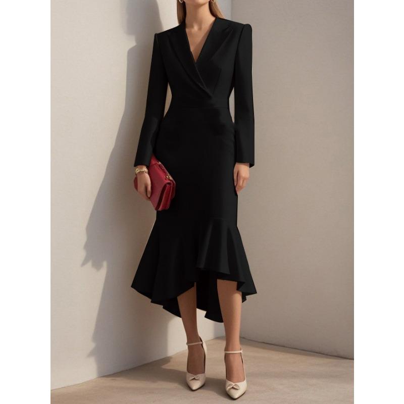 DAFIFY Women's Fashion Spring Fall Solid Color Print Long Sleeve POLO Neck High Waist Casual Dresses