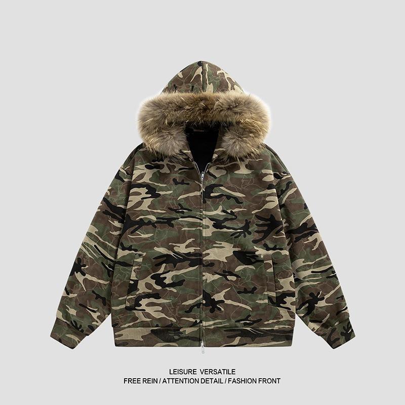 Mens Camo Hooded Jacket Oversize Workwear Style Casual Outerwear Winter