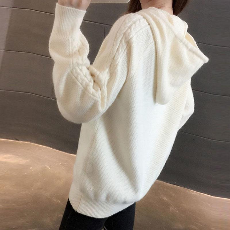 Svetr s kapucí Dámské Podzim/Zima Nový korejský svetr s volným rukávem Pevný Univerzální pletený svetr Dámský